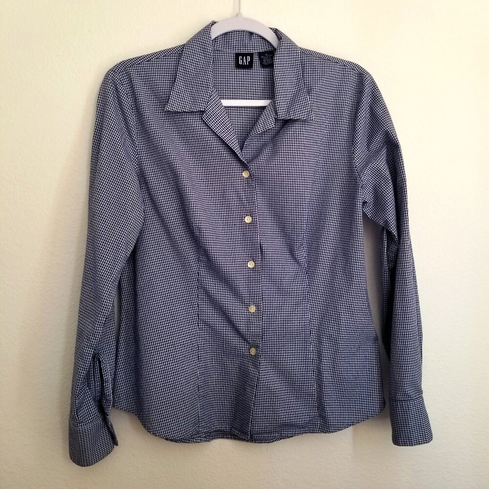 Womens GAP Long-Sleeve Fitted Shirt Sz M 100% Cotton Dark Navy Blu Houndstooth